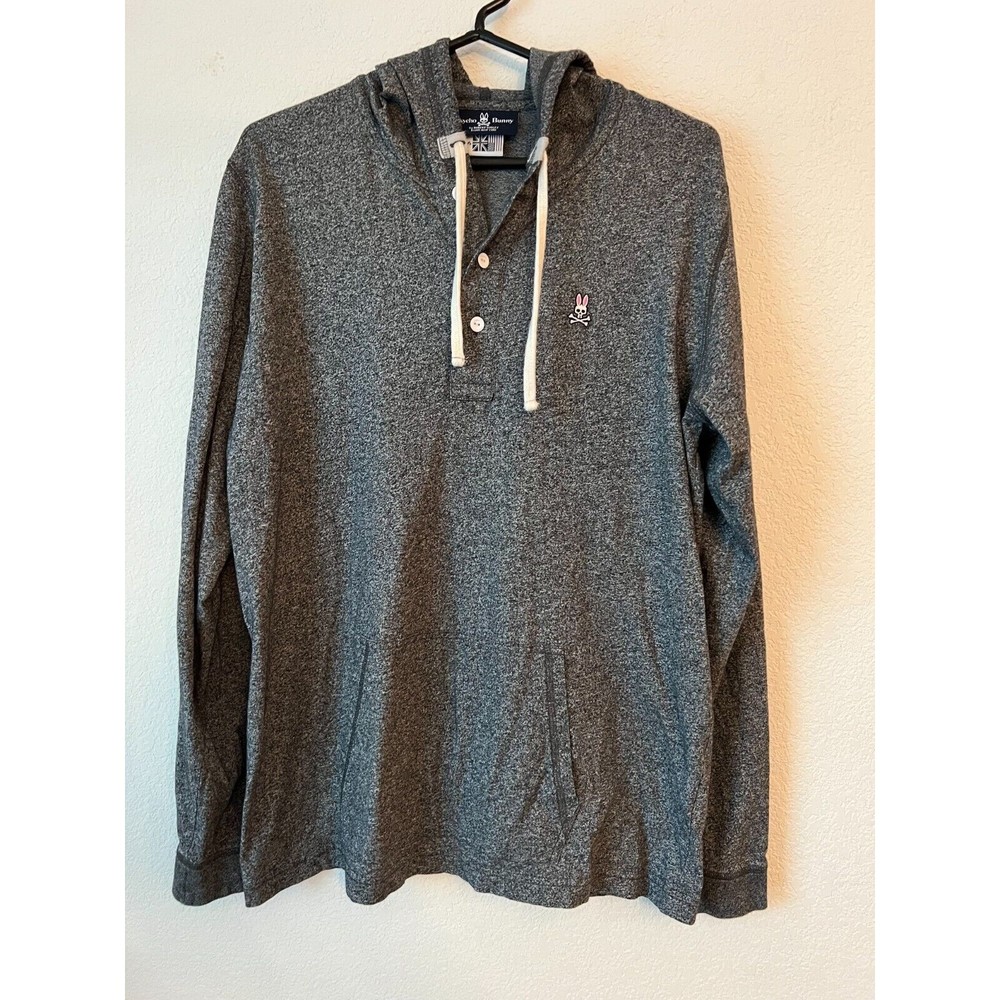 Psycho Bunny Mens Size 6 Large Hoodie Pullover Henley Long Sleeve Gray Pocket